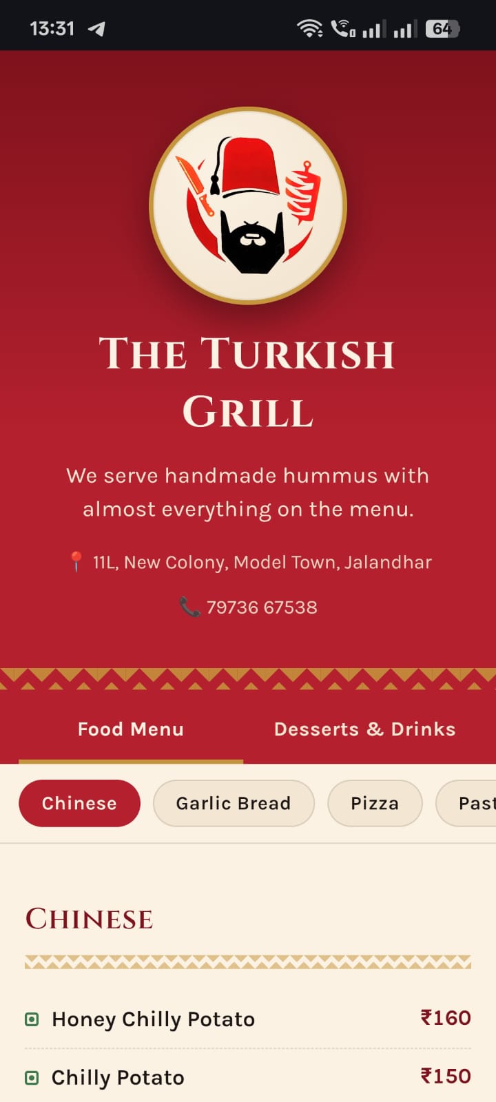 The Turkish Grill website — digital menu on a phone screen